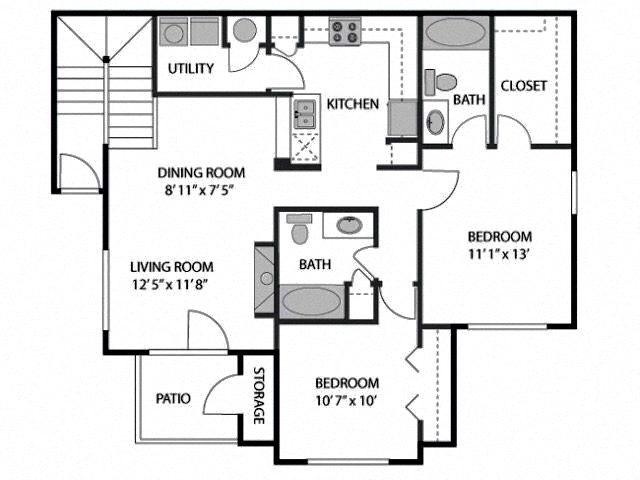 Floor plan for 2 beds, 2 baths, 1081 sqft